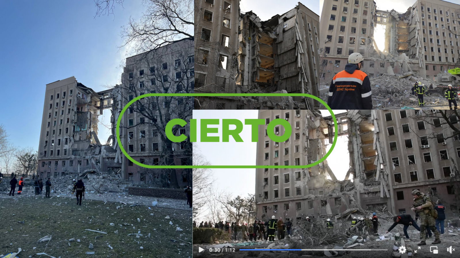 Tres imágenes que muestran los destrozos en la desde del gobierno regional de Mykolaiv, junto al sello de Cierto de VerificaRTVE en verde.