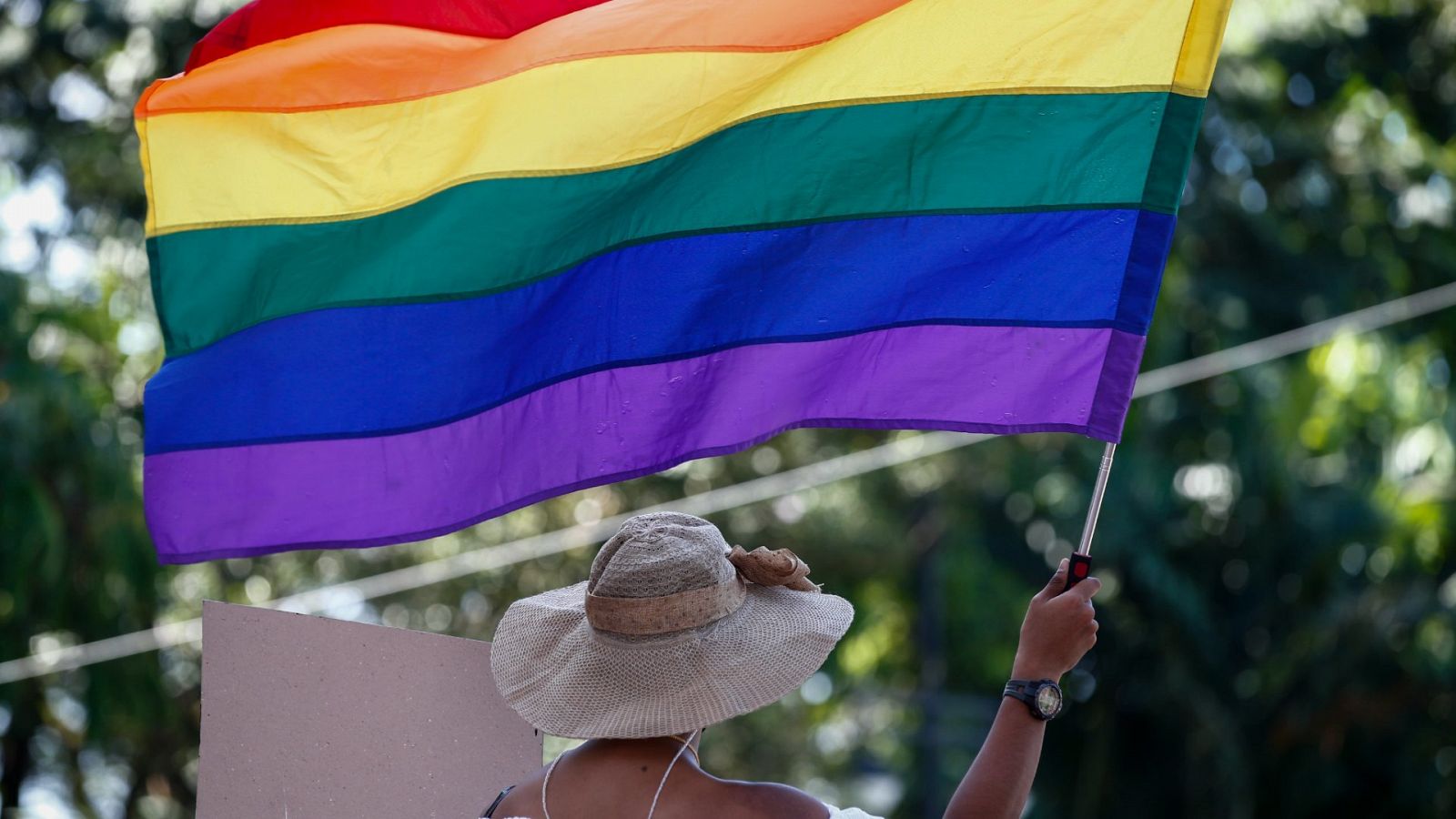Una abogada defensora de derechos humanos porta una bandera del colectivo LGBT lesgianas, gays, bisexuales y transexuales en Manila, Filipinas