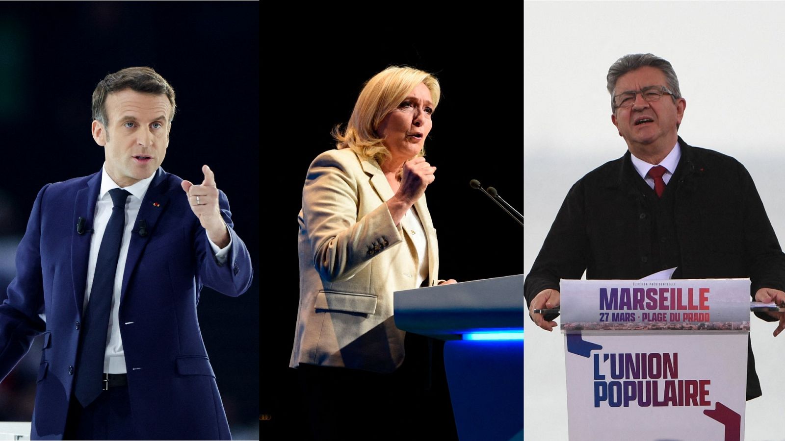 Los candidatos a las elecciones de Francia Emmanuel Macron (i), Marine Le Pen (c) y Jean-Luc Mélenchon (d)