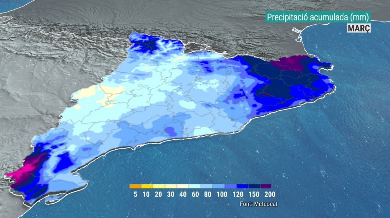 Precipitació acumulada (mm) al març 2022 | Font: Meteocat