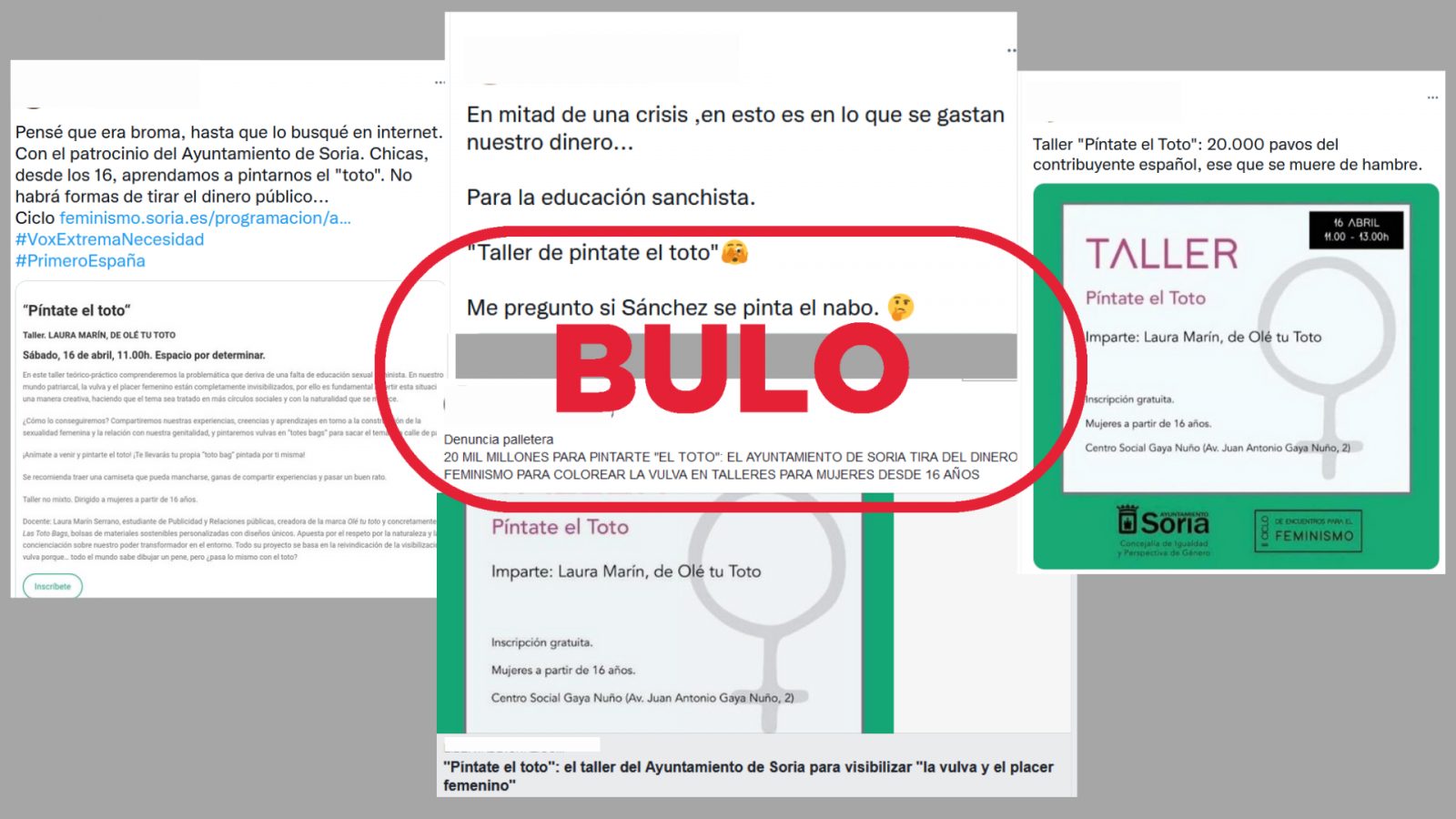 Mensajes de redes sociales que reproducen el bulo del taller feminista del Ayuntamiento de Soria, con el sello bulo en rojo