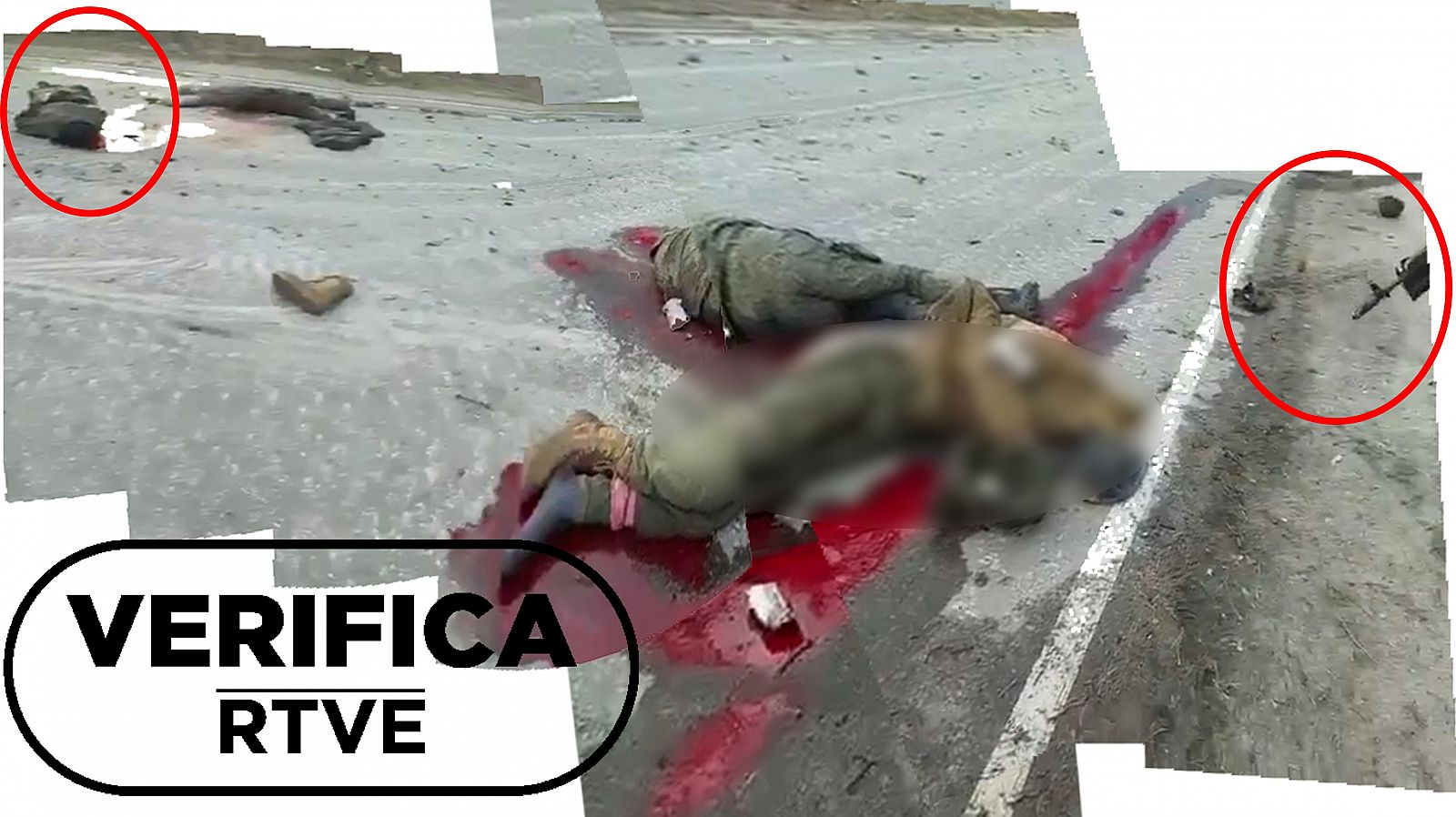 Composición que muestra los detalles principales del vídeo: los cuerpos tendidos y el arma que dispara con sello Verifica