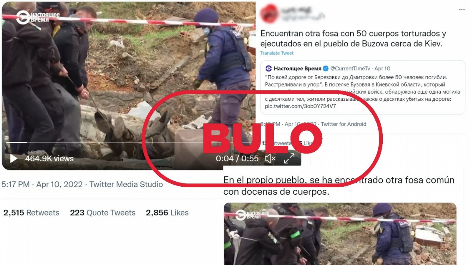 Mensajes de redes sociales que reproducen el bulo de la fosa común en Buzova, con el sello bulo en rojo de VerificaRTVE