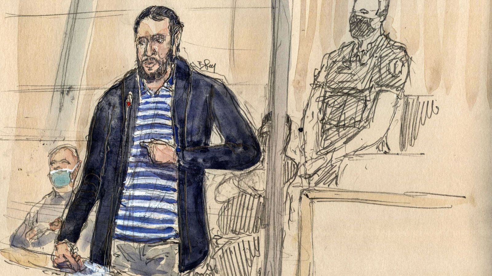Un boceto muestra a Salah Abdeslam durante el juicio por los ataques del 13 de noviembre de 2015 