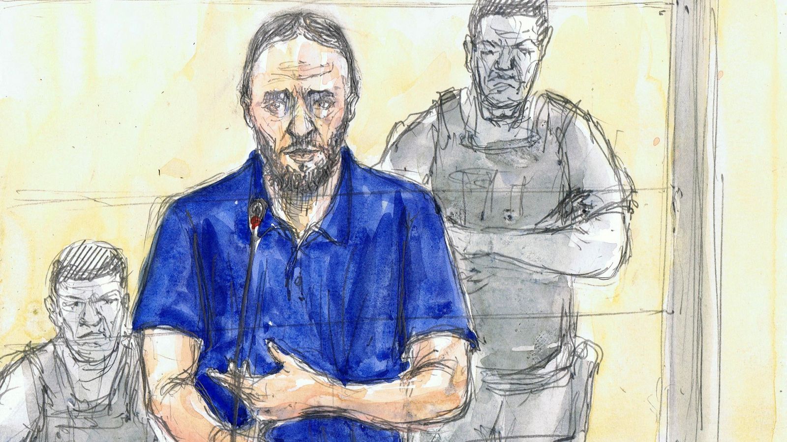 Un boceto muestra a Salah Abdeslam durante el juicio por los ataques del 13 de noviembre de 2015.