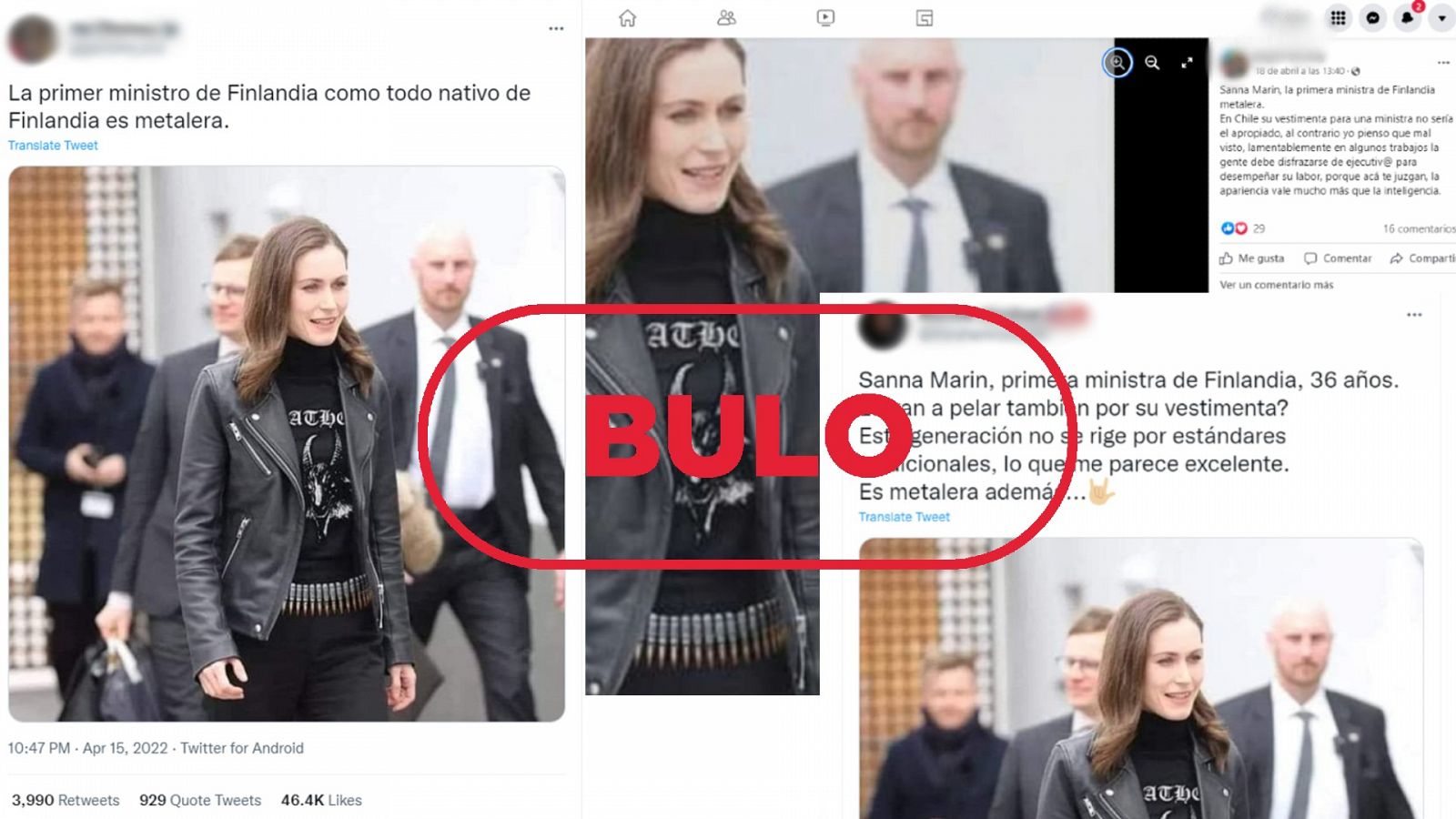 Mensajes de Twitter y Facebook que difunden que la primera ministra de Finlandia lleva una camisea heavy metal, con el sello bulo en rojo de VerificaRTVE