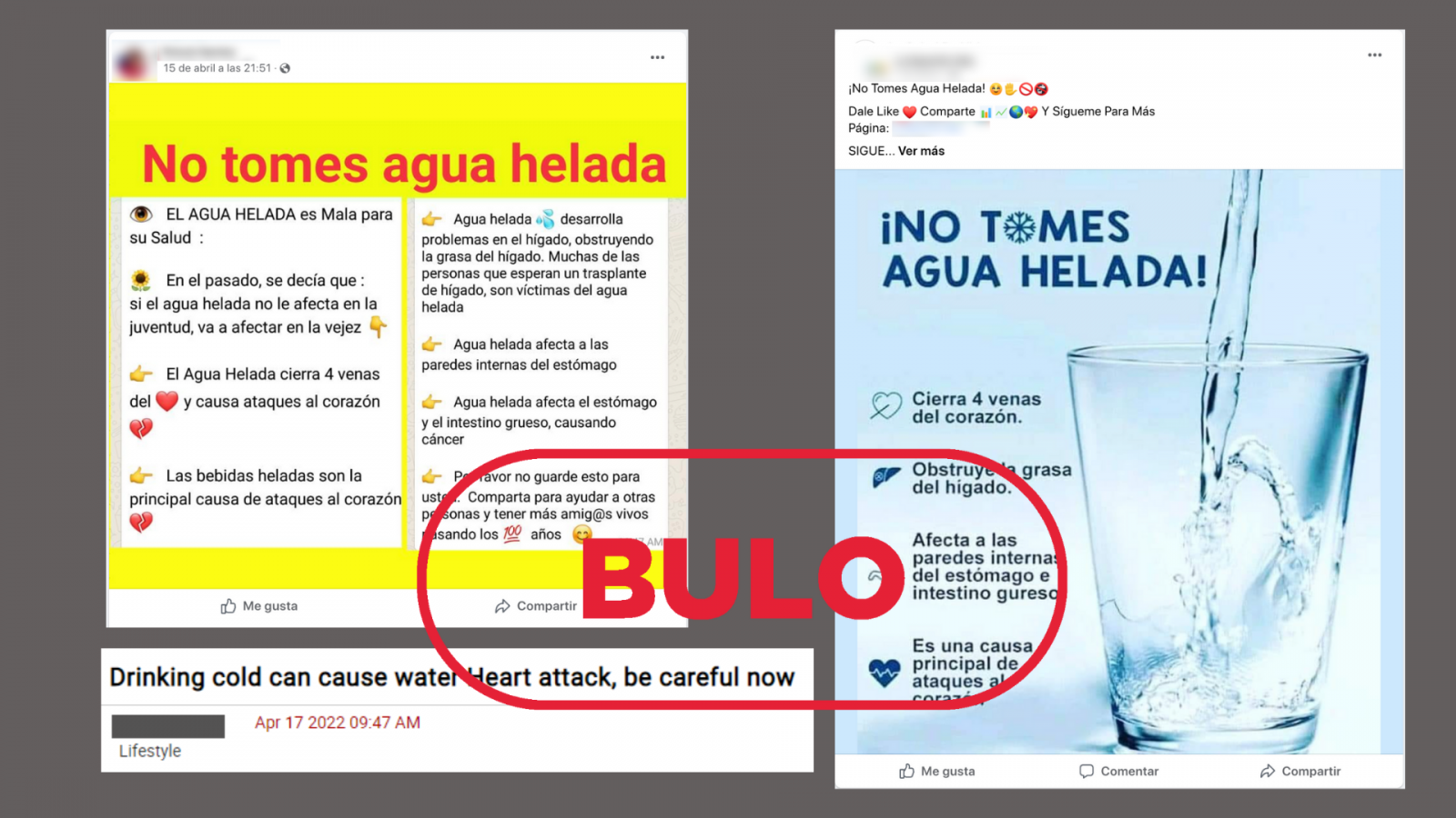 Mensajes que reproducen el bulo sobre la relación entre los problemas de corazón y beber agua fría, con el sello 'Bulo' en rojo