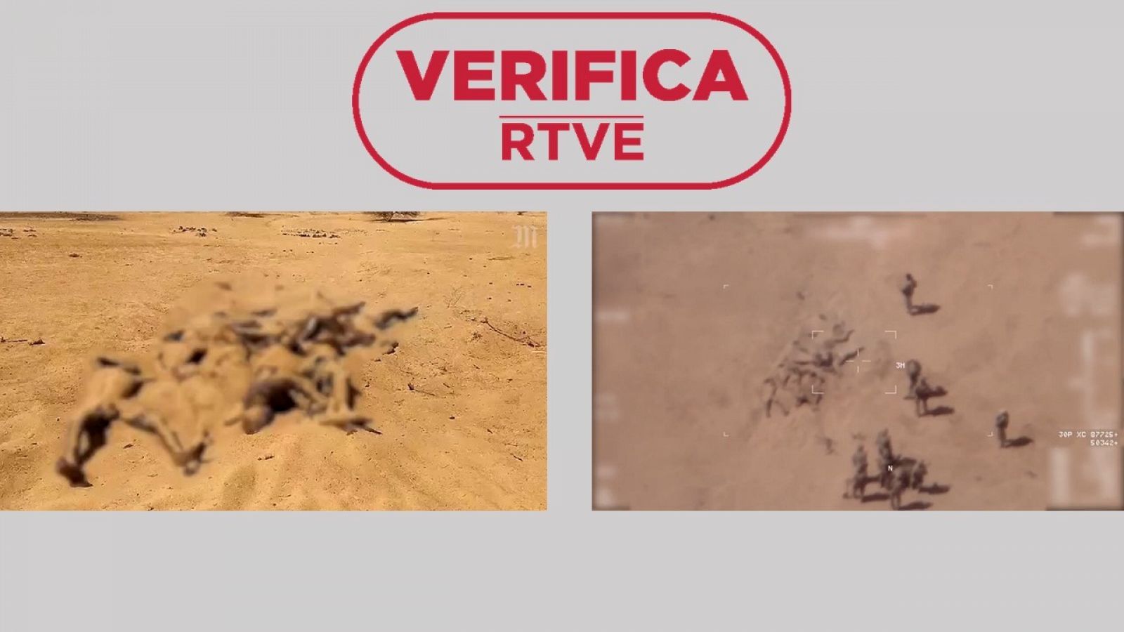 Capturas de dos vídeos que muestran una fosa común en Mali con el sello: VerificaRTVE