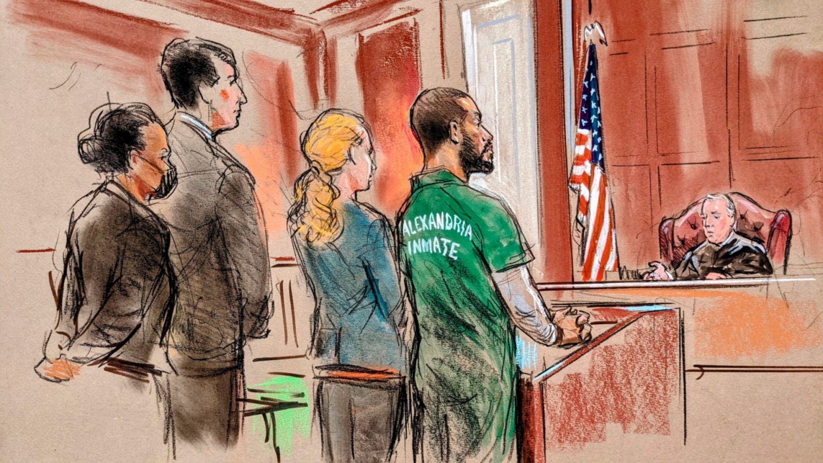 Un dibujo de la sesión judicial en la que el yihadista Alexanda Kotey (traje verde) ha sido condenado a cadena perpetua.