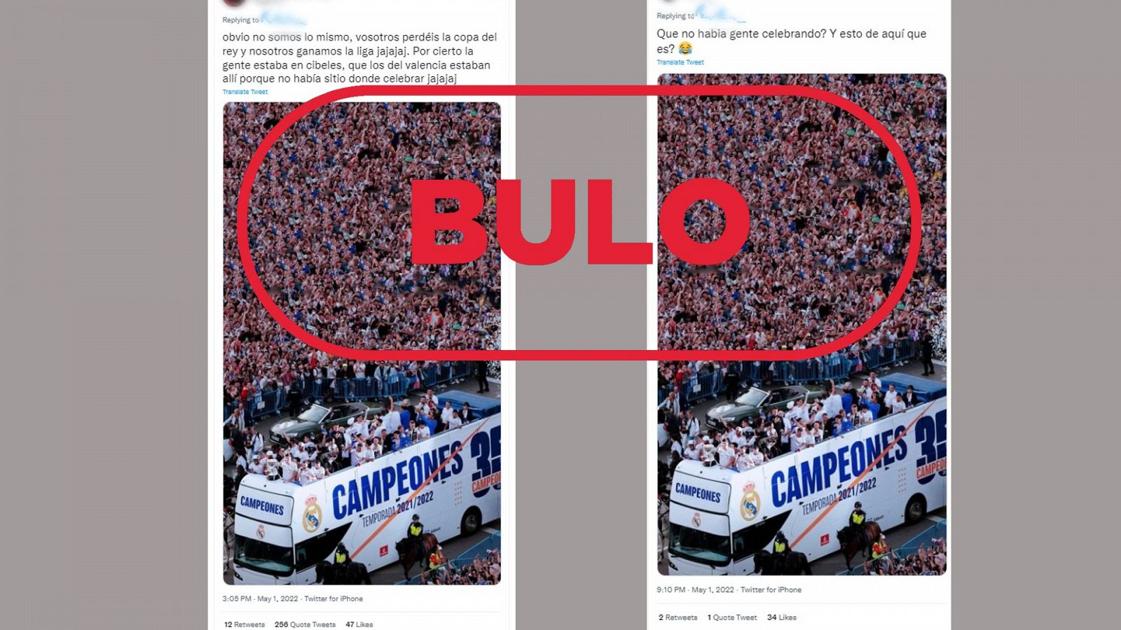 Dos mensajes de redes que difunden la imagen manipulada de la celebración del Real Madrid, con el sello bulo en rojo de VerificaRTVe
