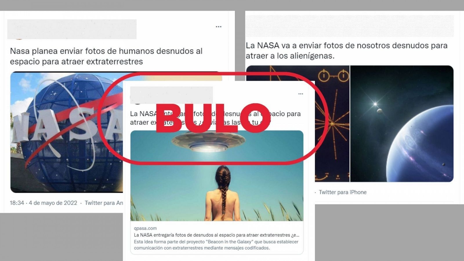 Mensajes de Twitter que dicen que la NASA enviará fotos de desnudos al espacio, con el sello bulo en rojo de VerificaRTVE