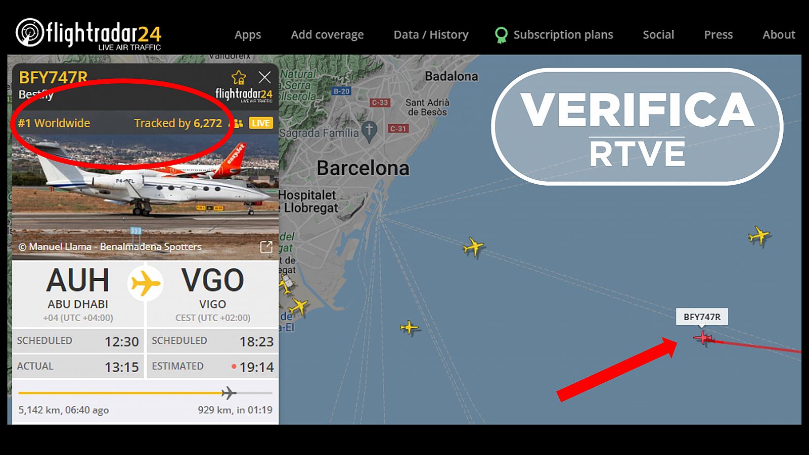 El vuelo del rey emérito el más seguido del mundo en Flight Radar en el momento de acercarse al territorio español