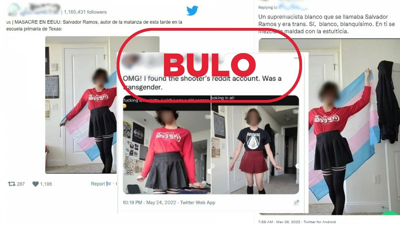 Mensajes de Twitter que difunden fotos de una persona trans identificándola como el autor del tiroteo en una escuela de Texas, con el sello bulo en rojo de VerificaRTVE