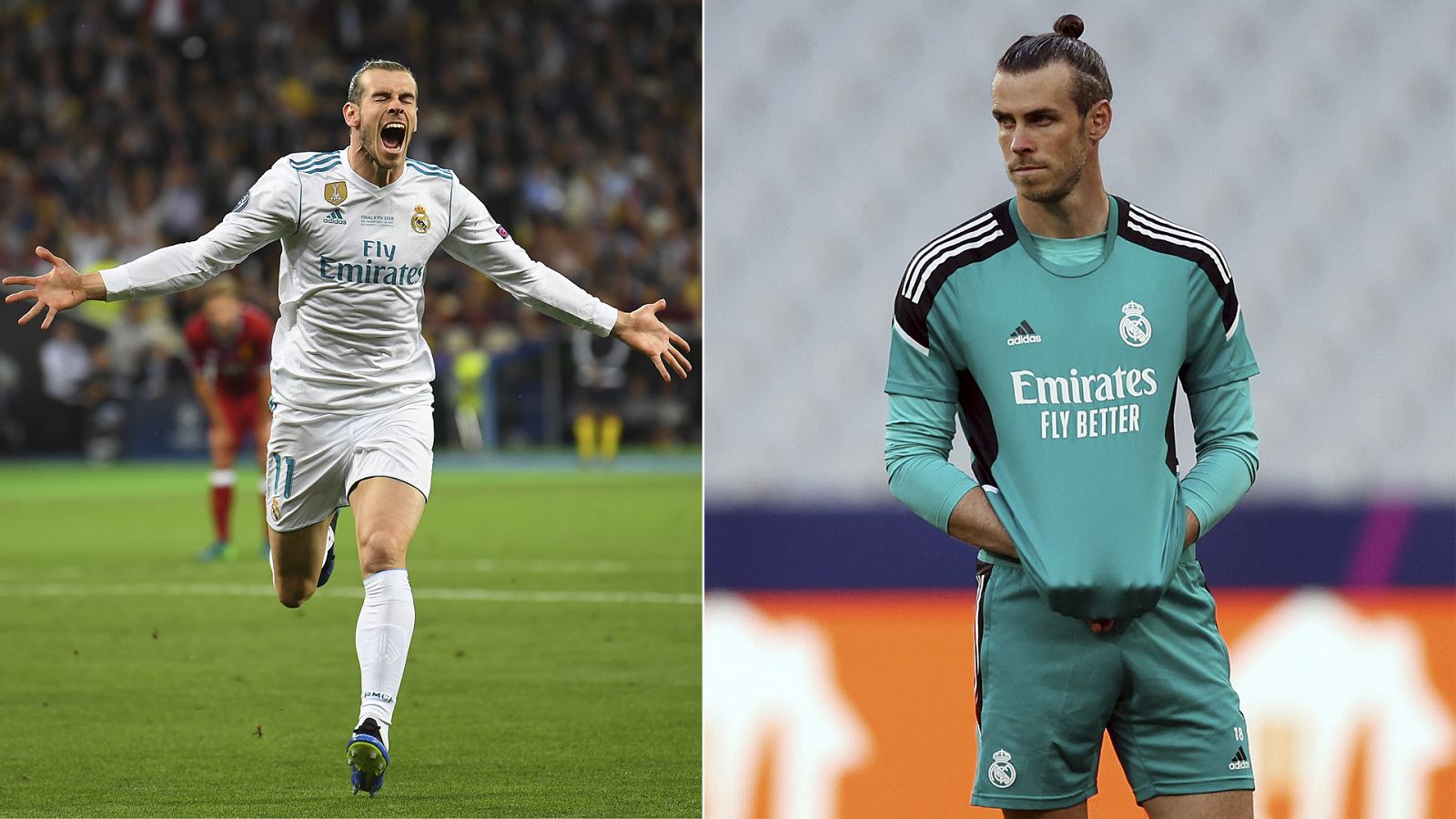 A la derecha, Gareth Bale celebra su gol de chilena en la final de Kiev 2018. A la izquierda, Gareth Bale en un entrenamiento previo a la final 2022.