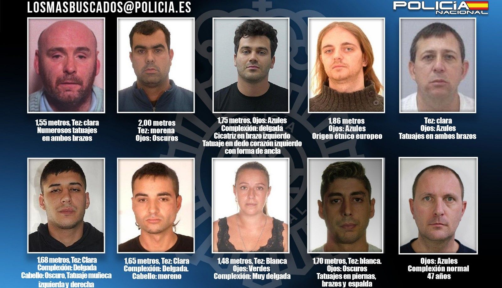 Fotografías de los diez fugitivos incluidos en la campaña de los más buscados por la Policía Nacional.paña de la Policía Nacional