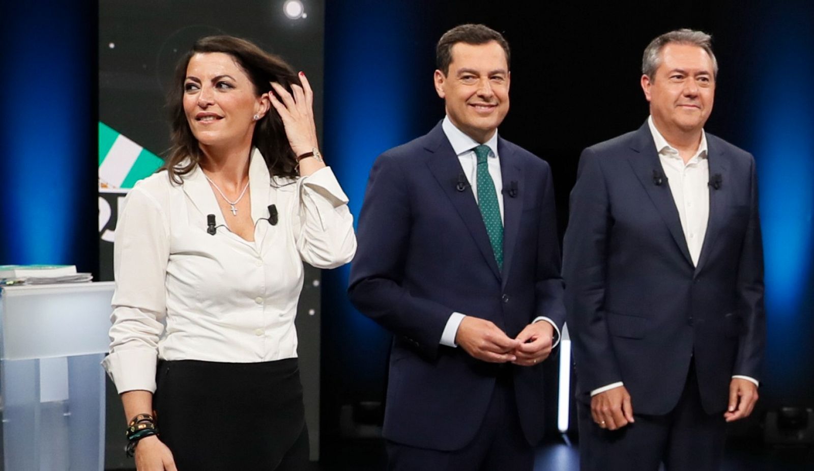 Los candidatos de Vox, Macarena Olona, PP, Juanma Moreno, PSOE, Juan Espadas, participan en el debate a seis celebrado en RTVE en el marco de las elecciones andaluzas del 19J.