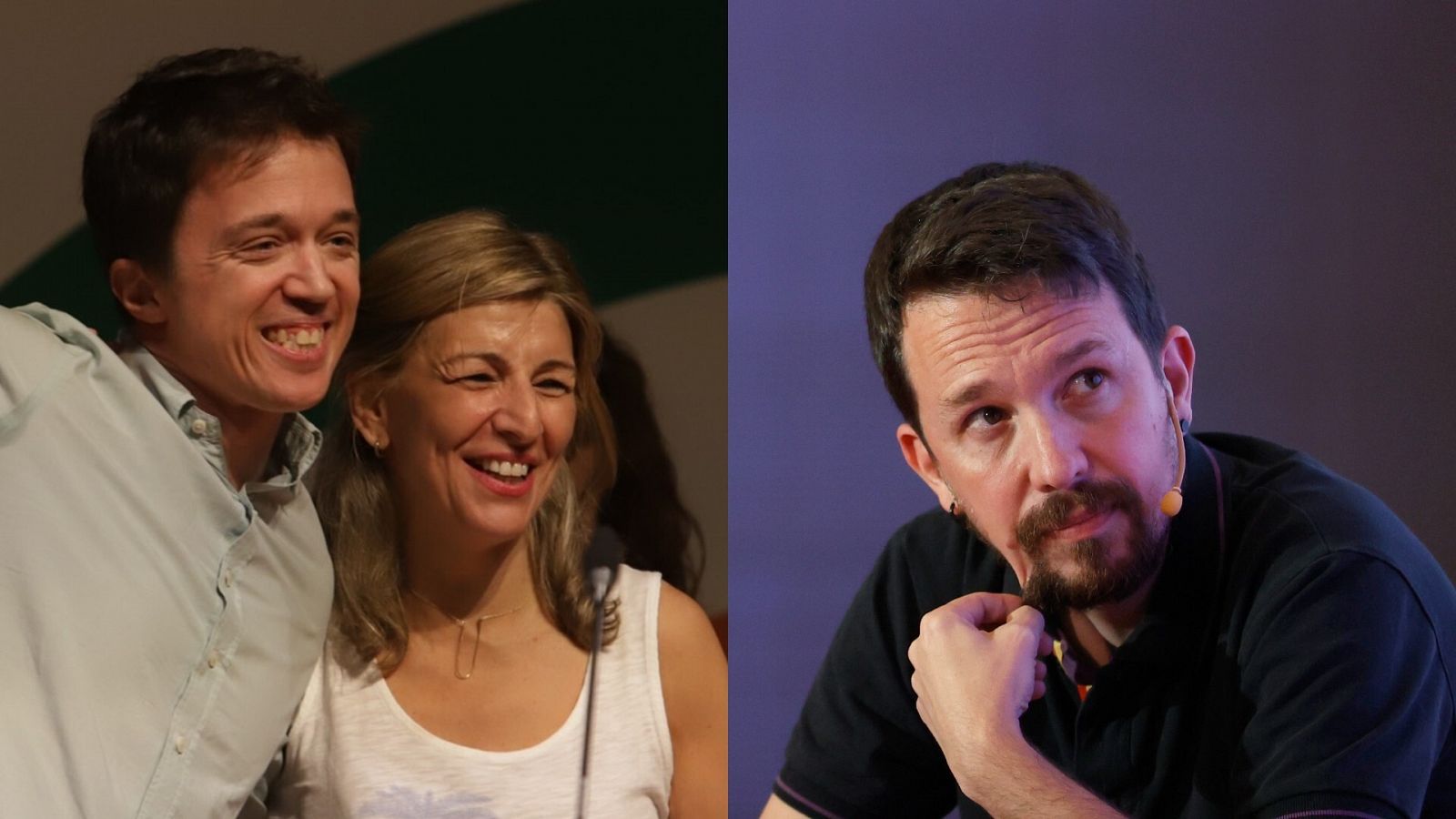 Yolanda Díaz junto a Íñigo Errejón este domingo en la campaña andaluza y, en otra imagen, el exlíder de Podemos Pablo Iglesias