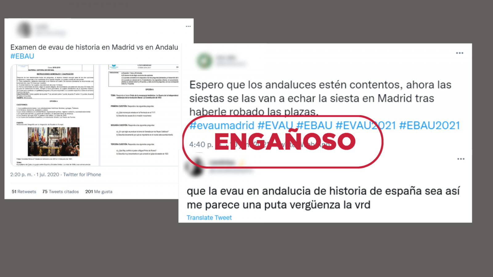 Mensajes de redes sociales sobre la EBAU 2022 en Andalucía y Madrid, con el sello 'Engañoso' en rojo