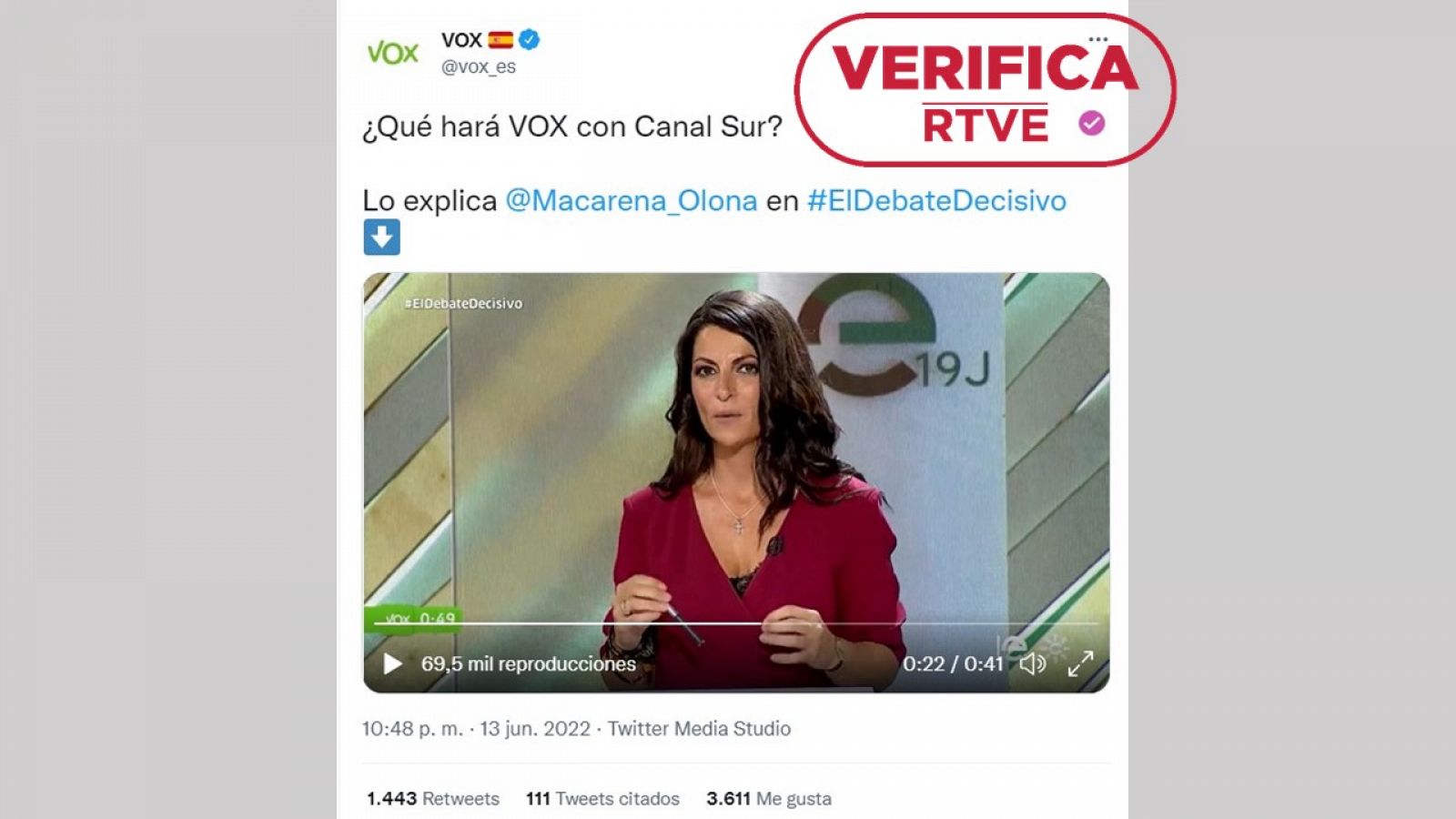 Captura del vídeo en el que Macarena Olona explica su compromiso de mantener Canal Sur, difundido en la cuenta de Vox en Twitter con el sello: VerificaRTVE