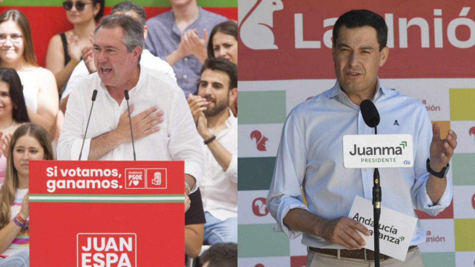 El candidato del PSOE al 19J, Juan Espadas, y el del PP y presidente de la Junta, Juanma Moreno.