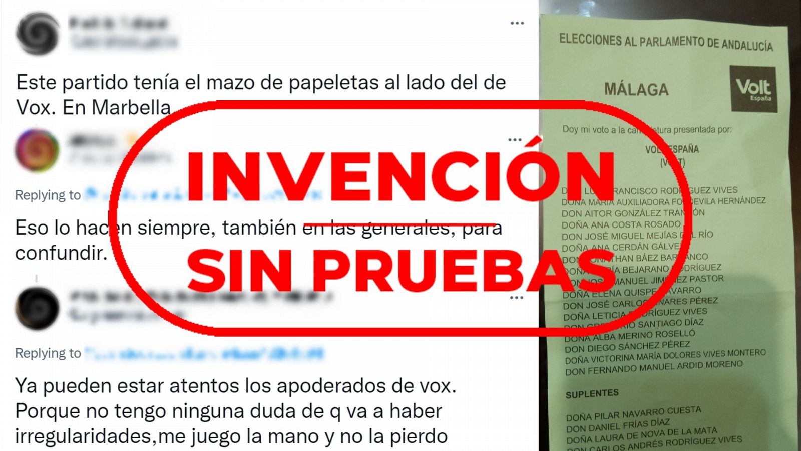 Mensajes que dicen que las papeletas de VOX y Volt han aparecido juntas en Marbella e imagen de una papeleta de Volt con el sello invención sin pruebas