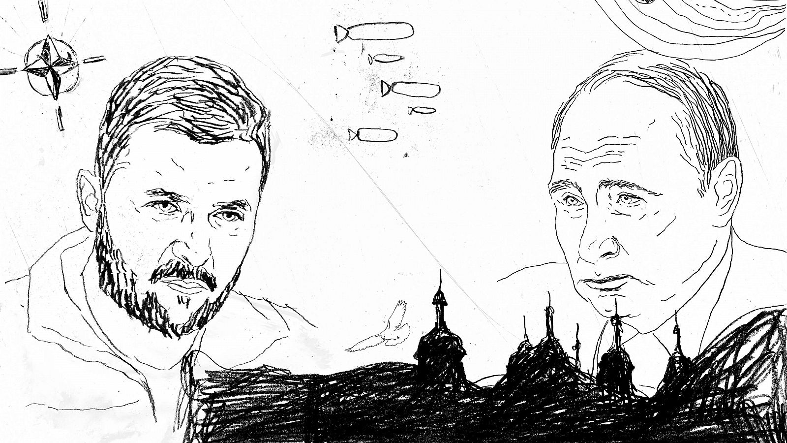 Ilustración de Zelenski y Putin sobre un fondo blanco en el que aparecen dibujados otros elementos como misiles, el símbolo de la OTAN y edificios