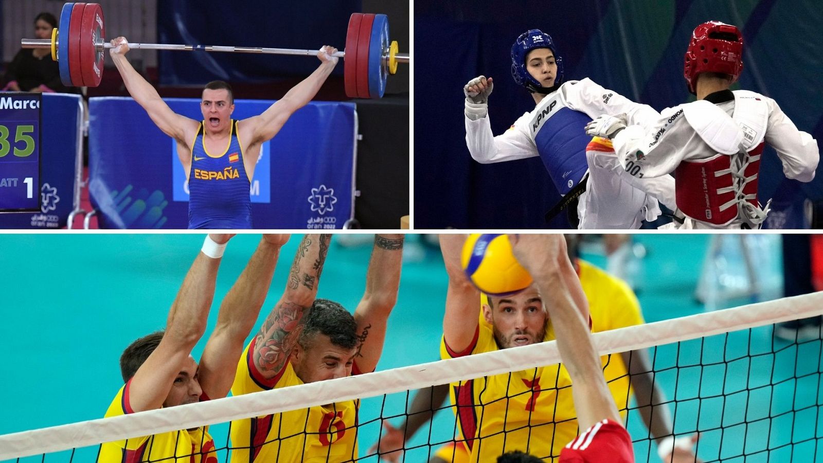 Marcos Ruiz (arriba a a izquierda), Adrián Vicente (arriba a la derecha) y la selección española de voleibol (abajo) en los Juegos Mediterráneos