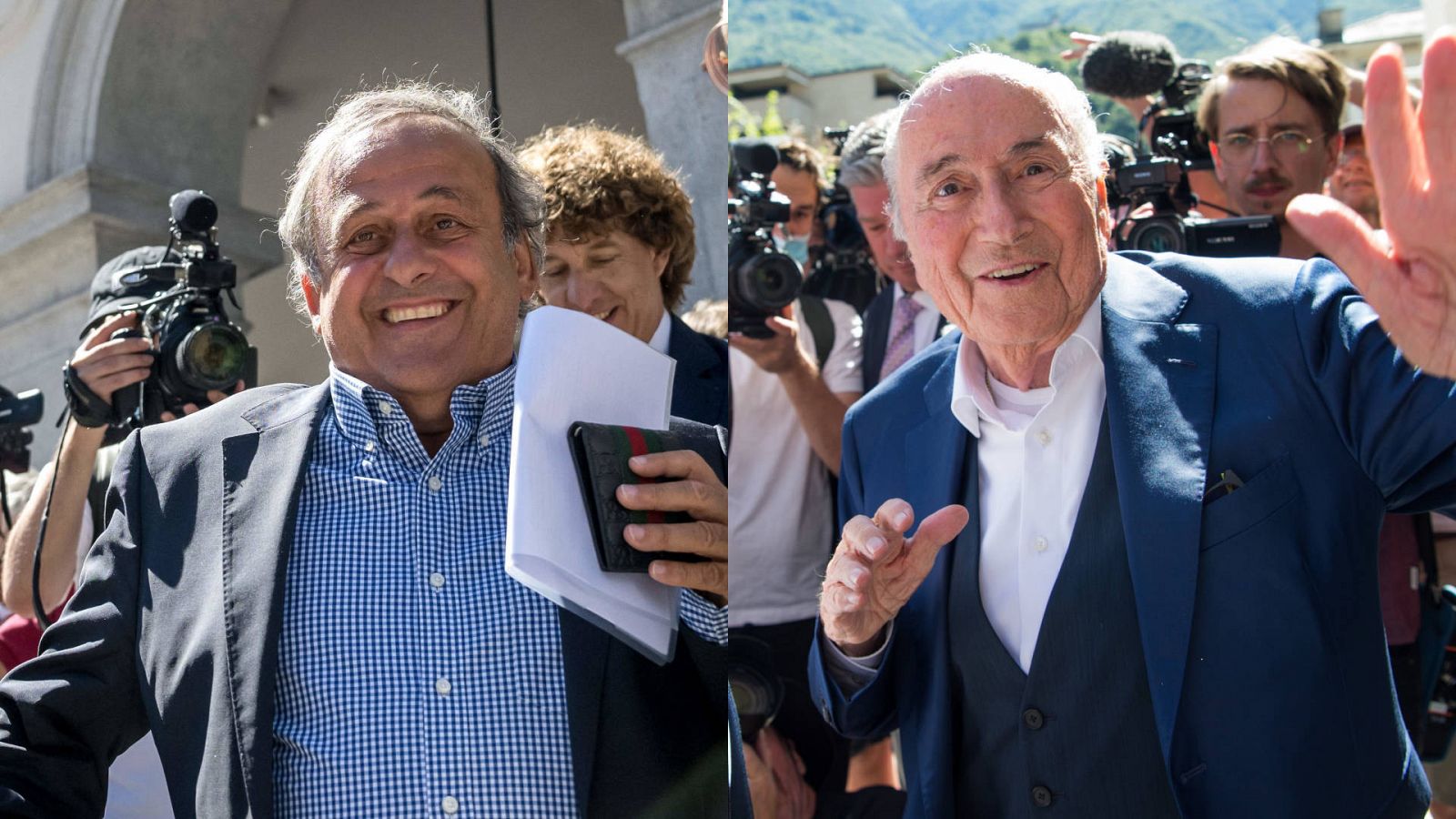 Fotomontaje con las imágenes de Platini (izquierda) y Blatter, este viernes a la salida del tribunal suizo que les ha absuelto