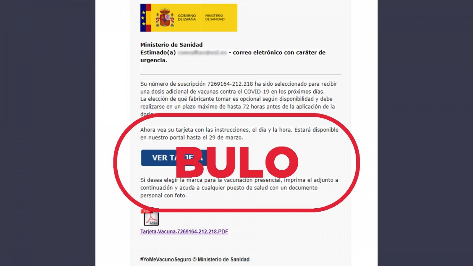 Captura del correo falso que suplanta la identidad del Ministerio de Sanidad para infectar tu dispositivo con el sello bulo