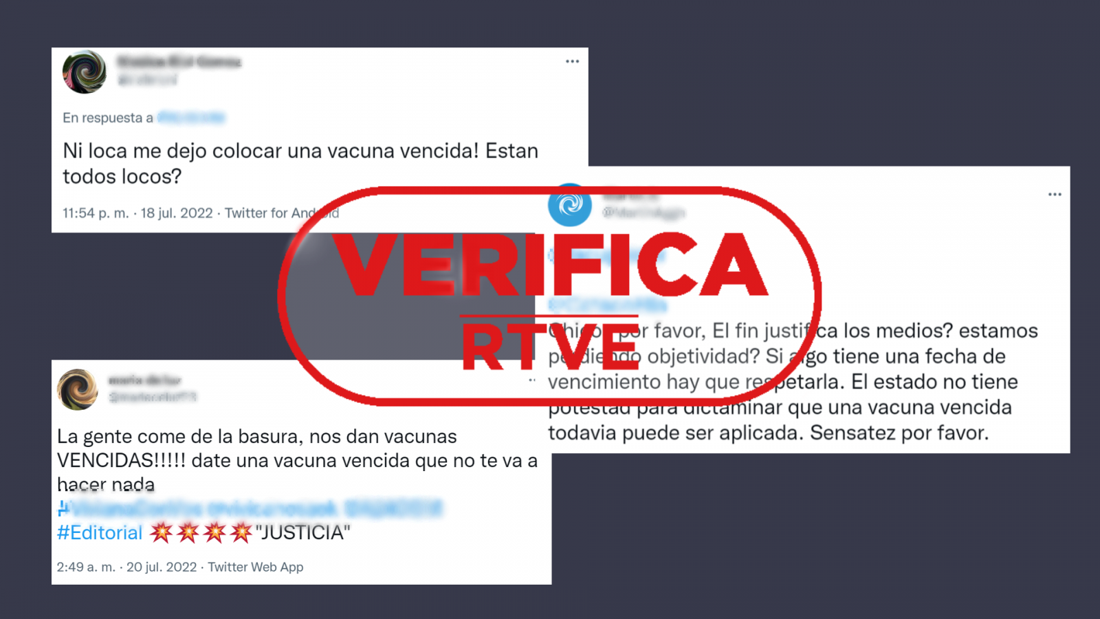 Mensajes de Twitter que critican el uso de vacunas caducadas contra la COVID-19 en Argentina, con el sello 'VerificaRTVE' en rojo