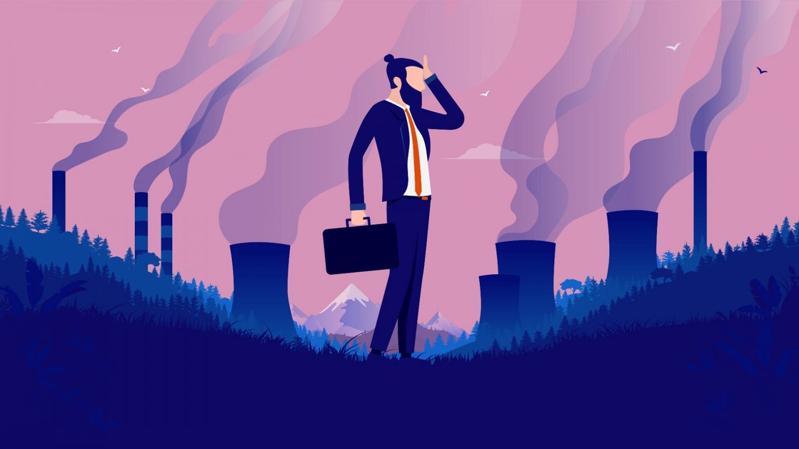 Una ilustración de un trabajador rodeado de gases contaminantes