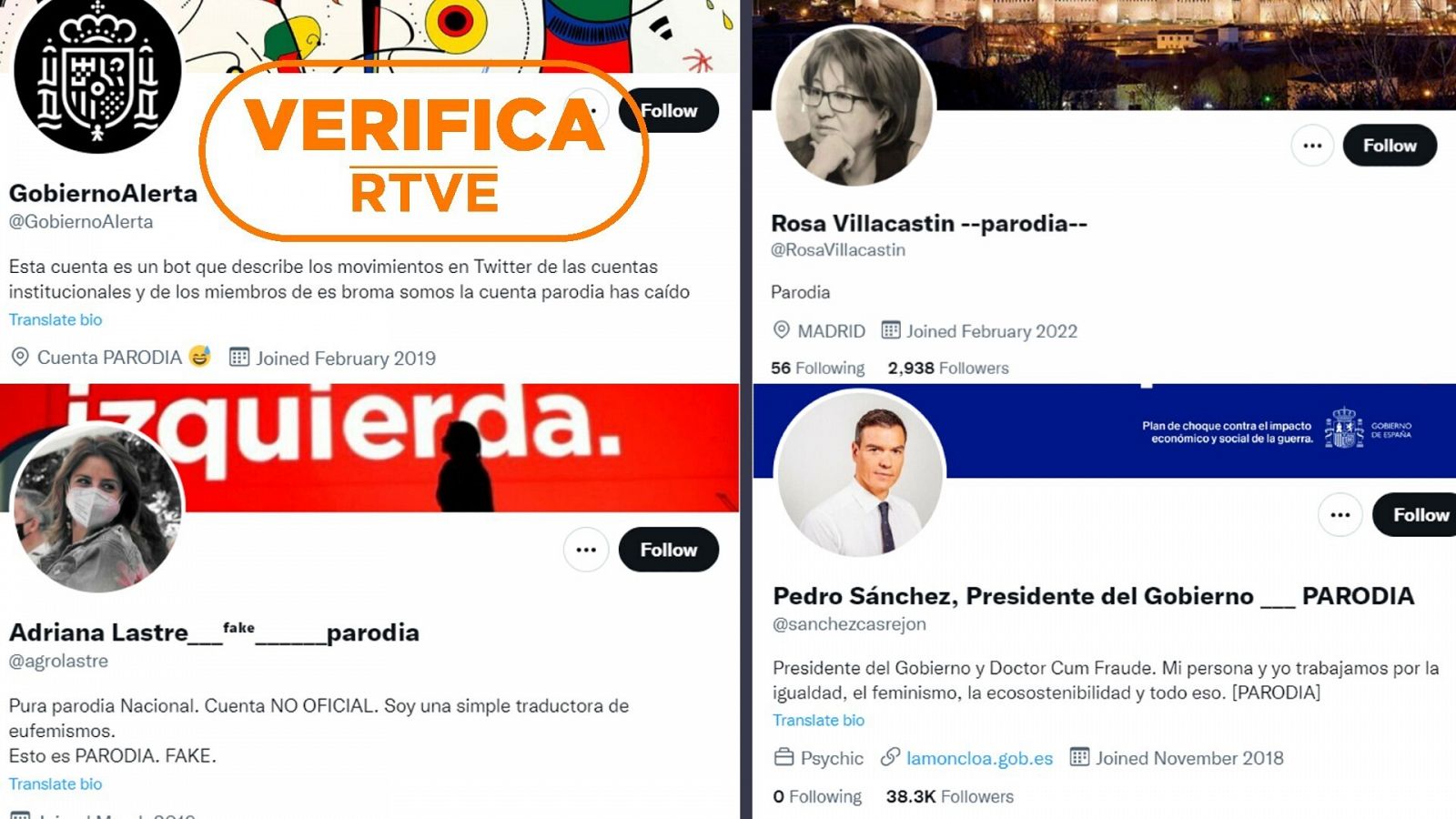 Cuatro cuentas de Twitter supuestamente paródicas que publican mensajes de suplantación, con el sello naranja de VerificaRTVE