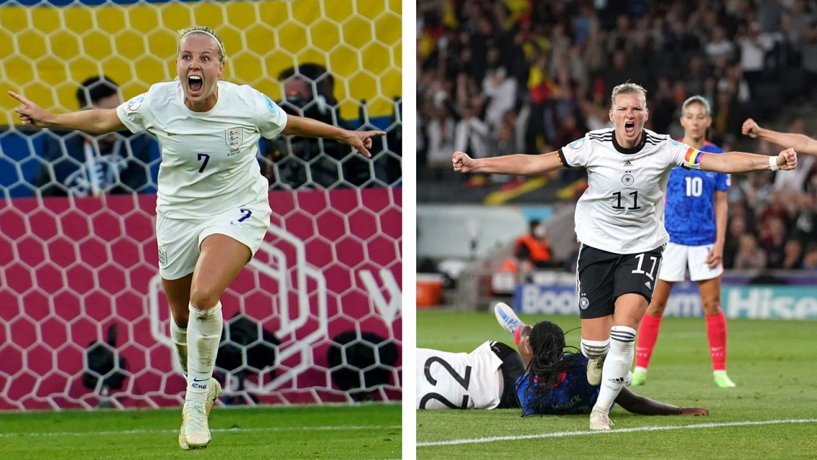 Imagen: Beth Mead (i) y Alexandra Popp (d) celebran uno de sus seis goles en esta Eurocopa