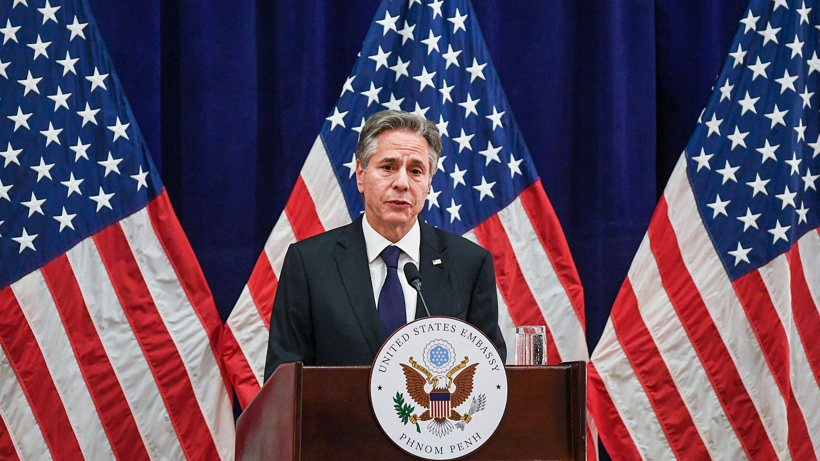 El secretario de Estado de EE.UU., Antony Blinken, durante la rueda de prensa ofrecida en Nom Pen.