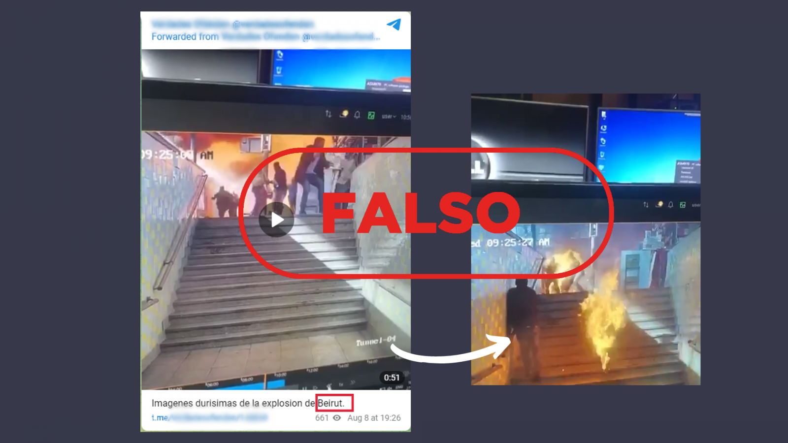 Mensaje de Telegram que muestra el mensaje falso sobre una explosión en Beirut (Líbano), con el sello 'Falso' en rojo