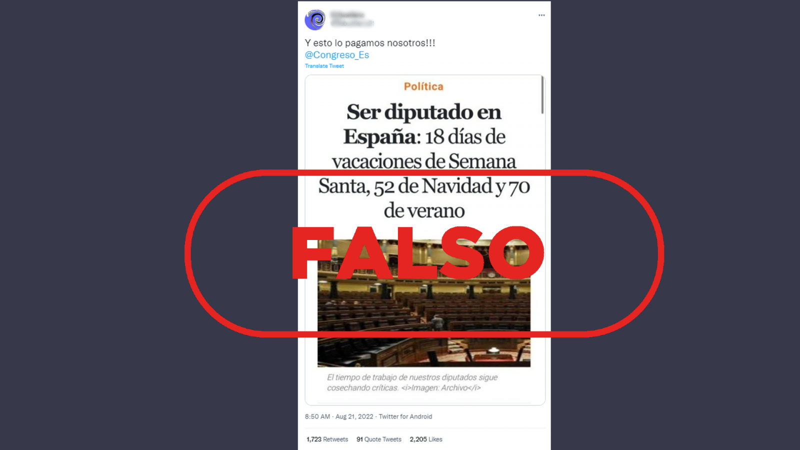 Mensaje de Twitter que expone unas cifras para hacer referencia a las ¿vacaciones¿ de los diputados españoles, con el sello 'Falso' en rojo
