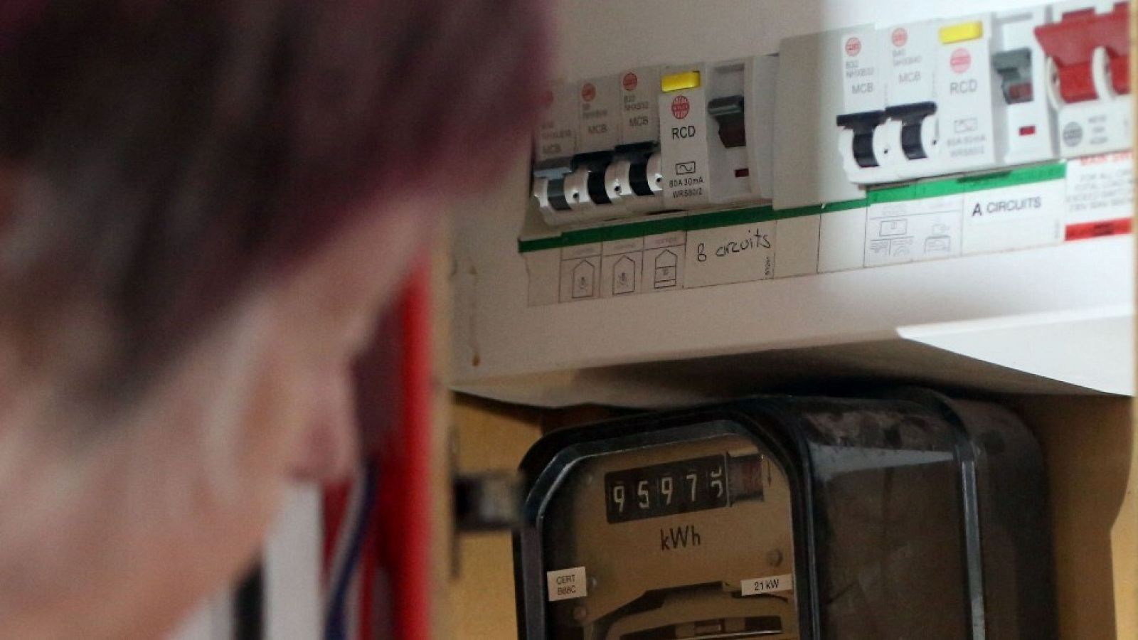 Una señora revisa los contadores de electricidad en su casa.