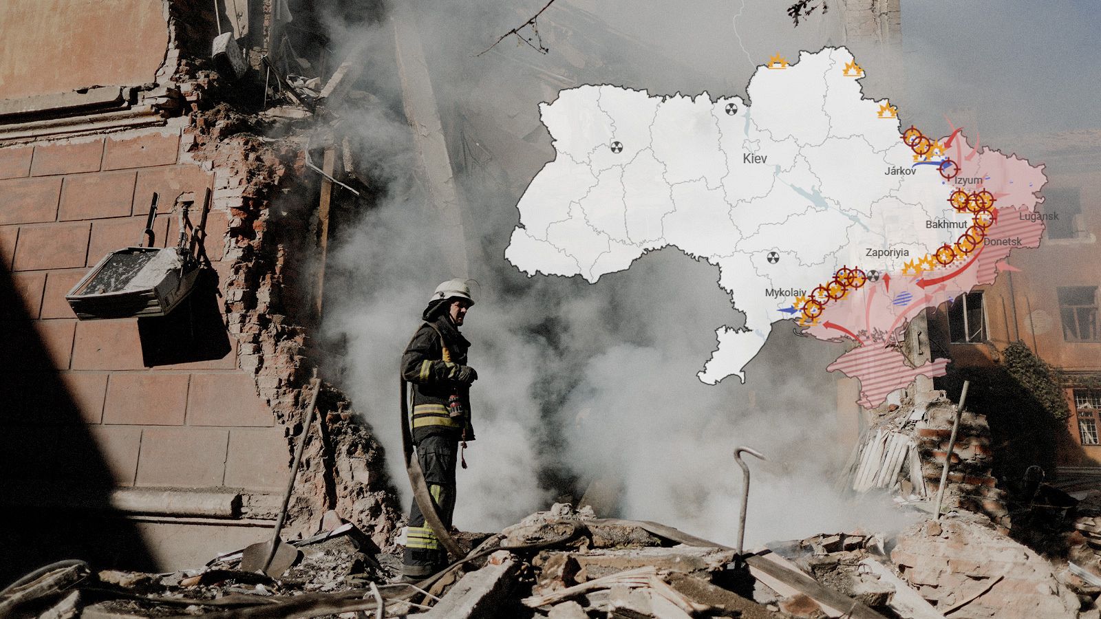 Mapa de Ucrania sobre imagen de un bombero tras un bombardeo en Slovyansk.