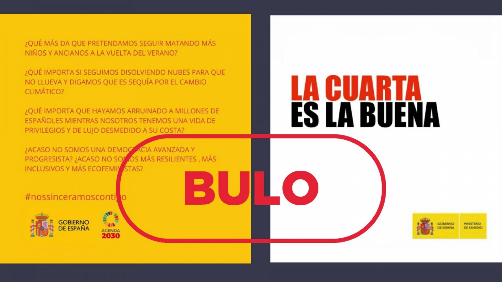 Carteles que se difunden en Telegram suplantando a campañas oficiales del Gobierno de España, con el sello 'Bulo' en rojo