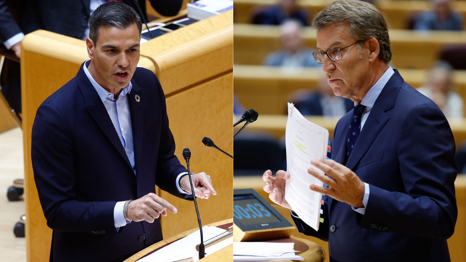 El presidente del Gobierno, Pedro Sánchez, y el líder de la oposición, Alberto Núñez Feijóo, en su cara a cara en el Senado el 6 de septiembre.