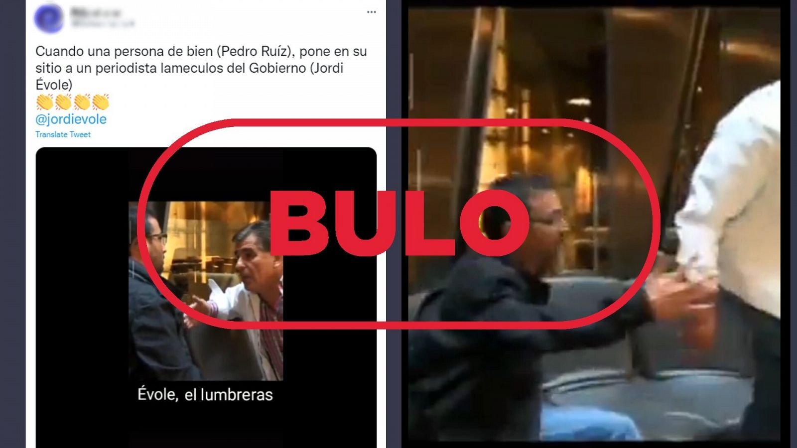 Este vídeo de Jordi Évole y Pedro Ruiz discutiendo no es real, es una broma organizada por ambos en 2009. Capturas del bulo y del vídeo en el que supuestamente discuten. Con el sello bulo.