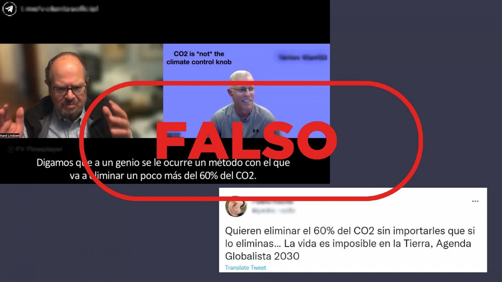 Mensajes de redes sociales que desinforman sobre las emisiones de dióxido de carbono a la atmósfera. Con el sello falso.