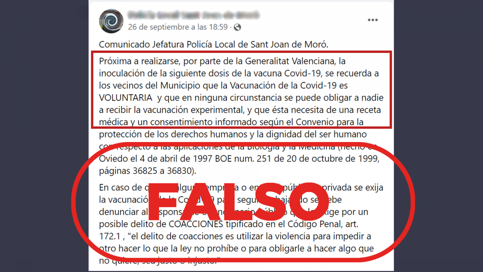 Comunicado de la Policía Local de Sant Joan de Moró (Castellón) en el que comparten argumentos falsos sobre la vacuna contra la COVID-19, con el sello 'Falso' en rojo