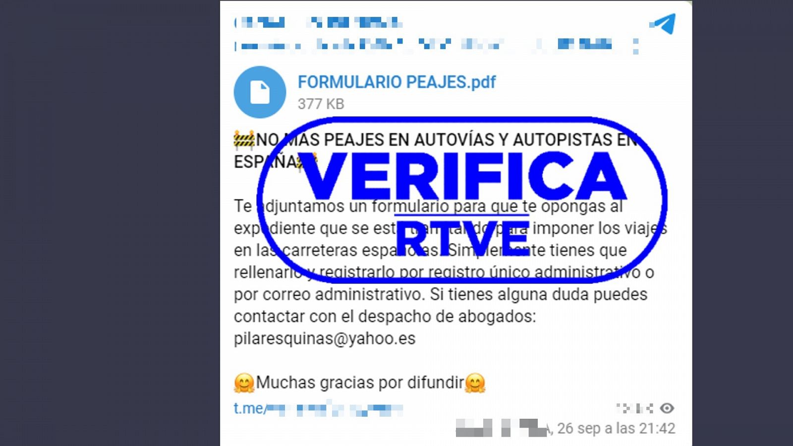 Mensaje de Telegram que difunde contenido sobre el plan del Gobierno de implantar peajes en las carreteras españolas, con el sello 'VerificaRTVE' en azul