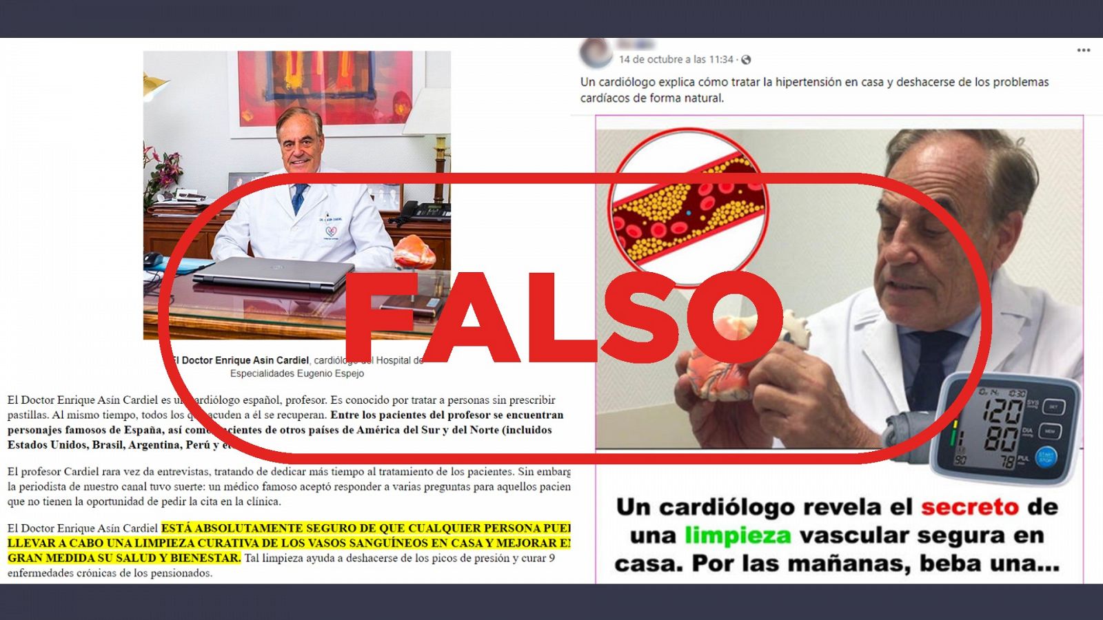 A la izquierda, página web que vende el producto Cardione utilizando la imagen del cardiólogo Asín Cardiel sin su consentimiento. A la derecha, el mensaje de Facebook que difunde la página. con el sello falso