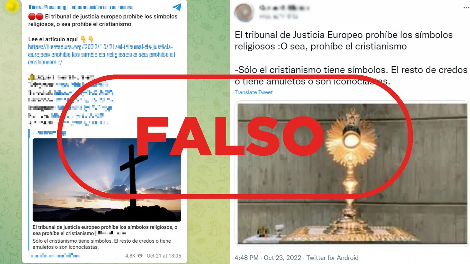Un mensaje de Telegram y otro de Twitter que difunden la falsedad de que el Tribunal de Justicia de la UE prohíbe el cristianismo, con sello falso en rojo de VerificaRTVE