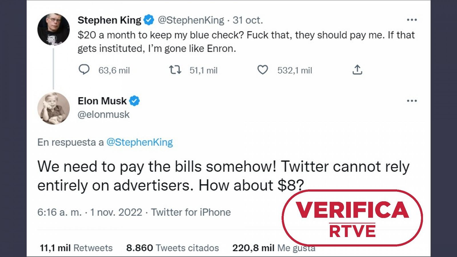 Conversación entre Musk y King sobre el pago por tener la cuenta de Twitter verificada con el sello: VerificaRTVE