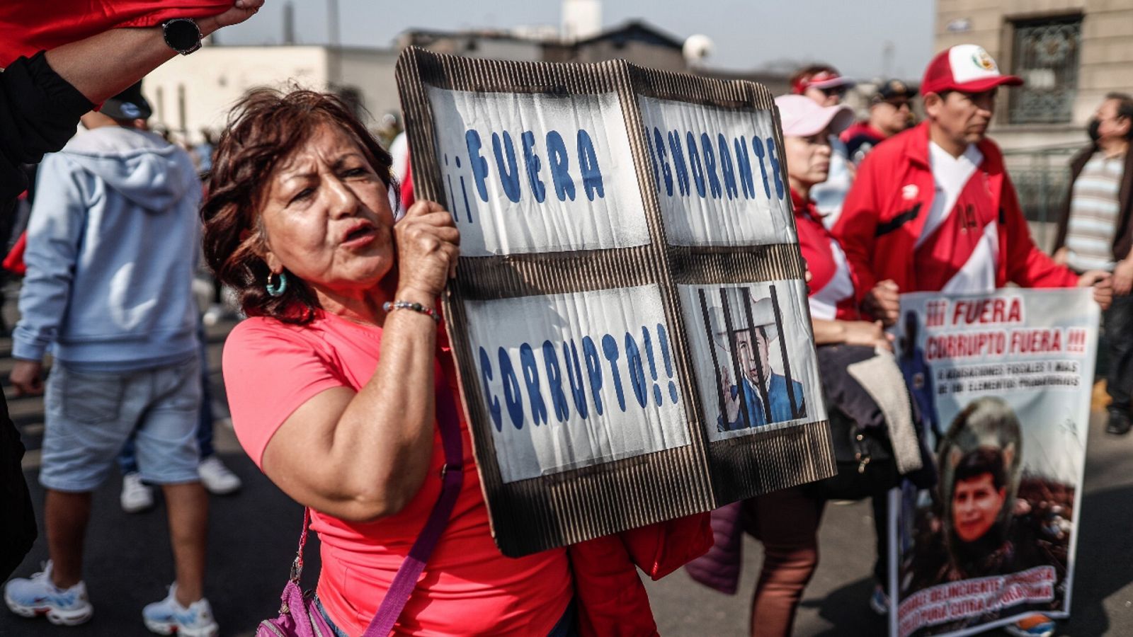 Una mujer sujetando una pancarta durante una marcha en contra del Presidente de Perú, Pedro Castillo, en Lima .