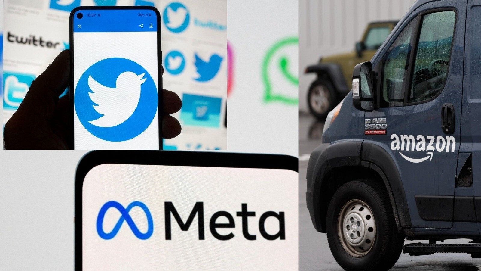 Montaje con los logos de las empresas de Twitter, Meta y Amazon