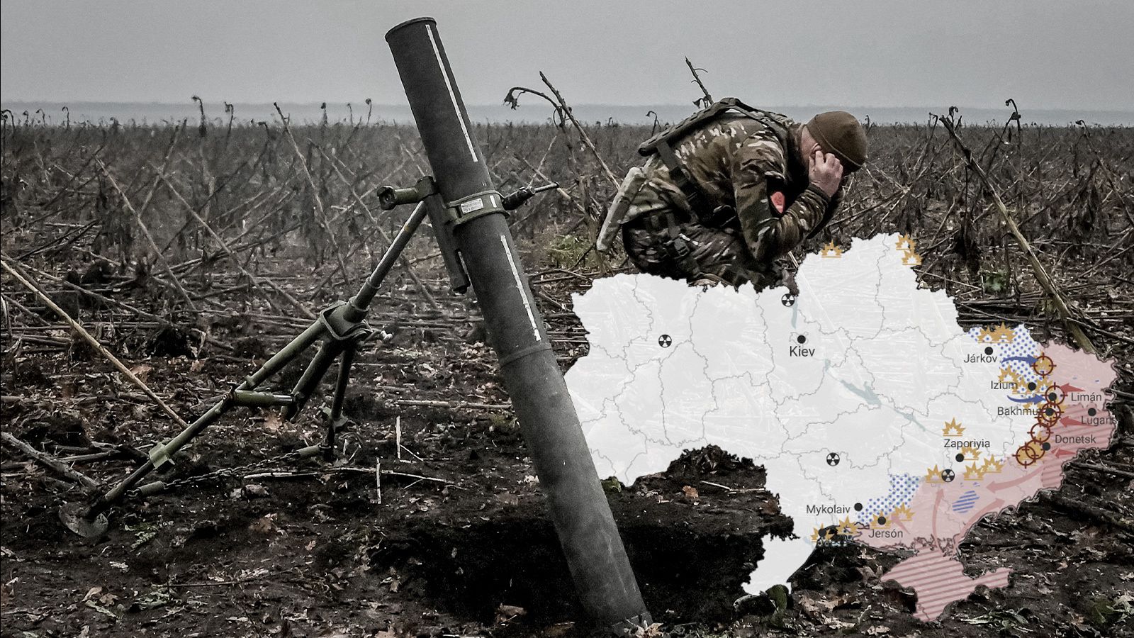 Un soldado ucraniano se cubre para disparar un mortero contra las fuerzas rusas, en la región de Zaporiyia
